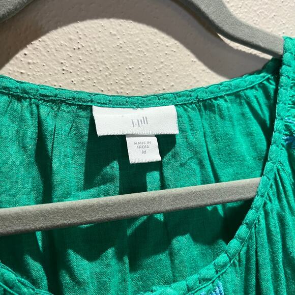 J Jill Embroiderd Green Blouse Linen Blend Sz M Boho Artsy Peasant Casual - Picture 2 of 6
